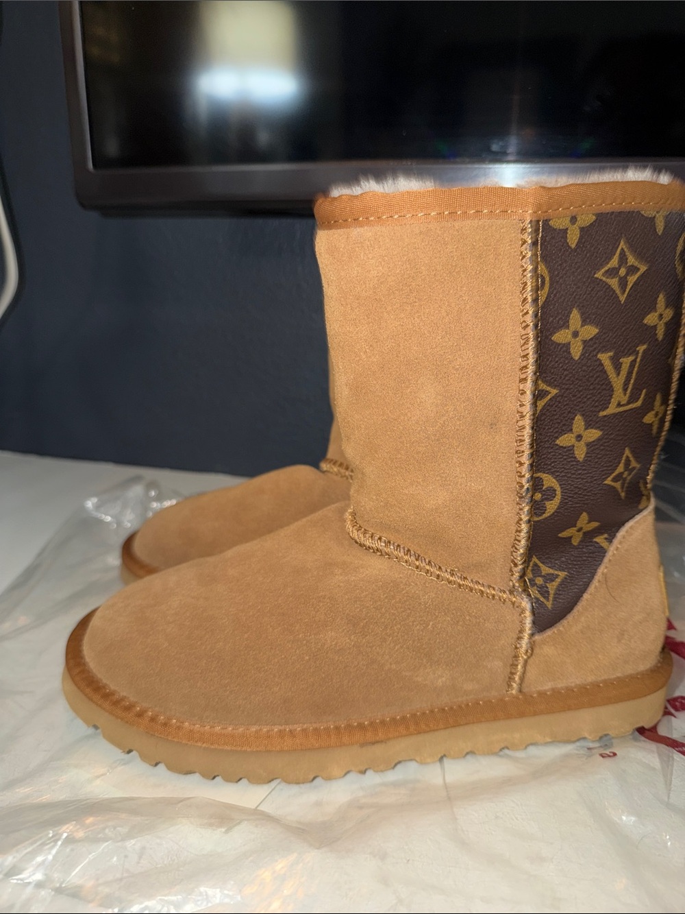 UGG custom Louis Vuitton Chestnut Suede Shearling-Lined Slip-On Boots